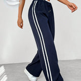 High Waist Wide Leg Track Pants with Side Stripe Detail