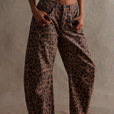 Leopard Print Wide Leg Denim Jeans with Relaxed Fit