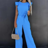 Flutter Sleeve Wide Leg Jumpsuit with Waist Tie