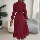 High Neck Long Sleeve Pleated Midi Dress with Waist Tie