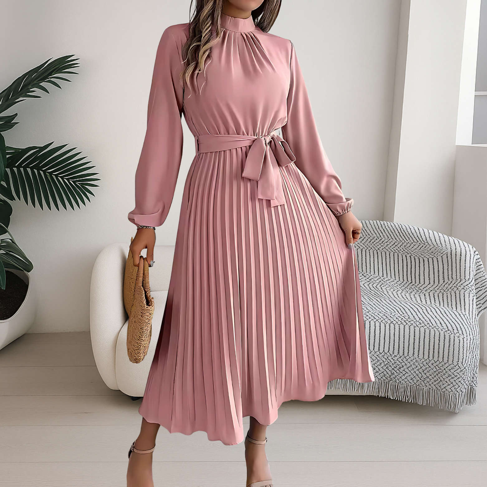 High Neck Long Sleeve Pleated Midi Dress with Waist Tie