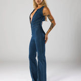 Deep V Neck Denim Jumpsuit with Flared Leg