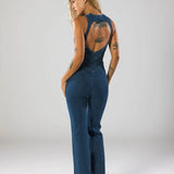 Deep V Neck Denim Jumpsuit with Flared Leg