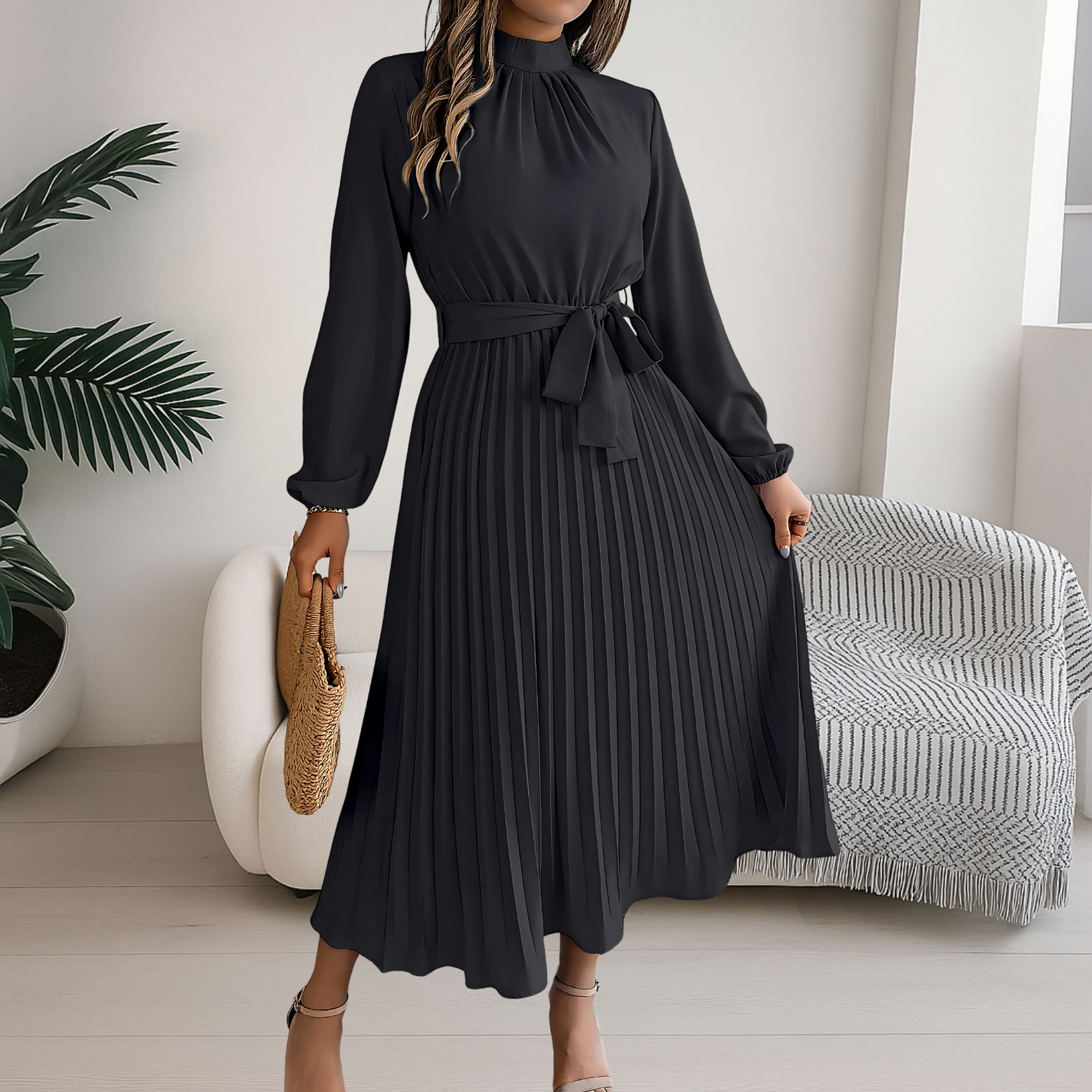 High Neck Long Sleeve Pleated Midi Dress with Waist Tie