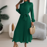 High Neck Long Sleeve Pleated Midi Dress with Waist Tie