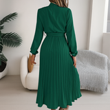 High Neck Long Sleeve Pleated Midi Dress with Waist Tie