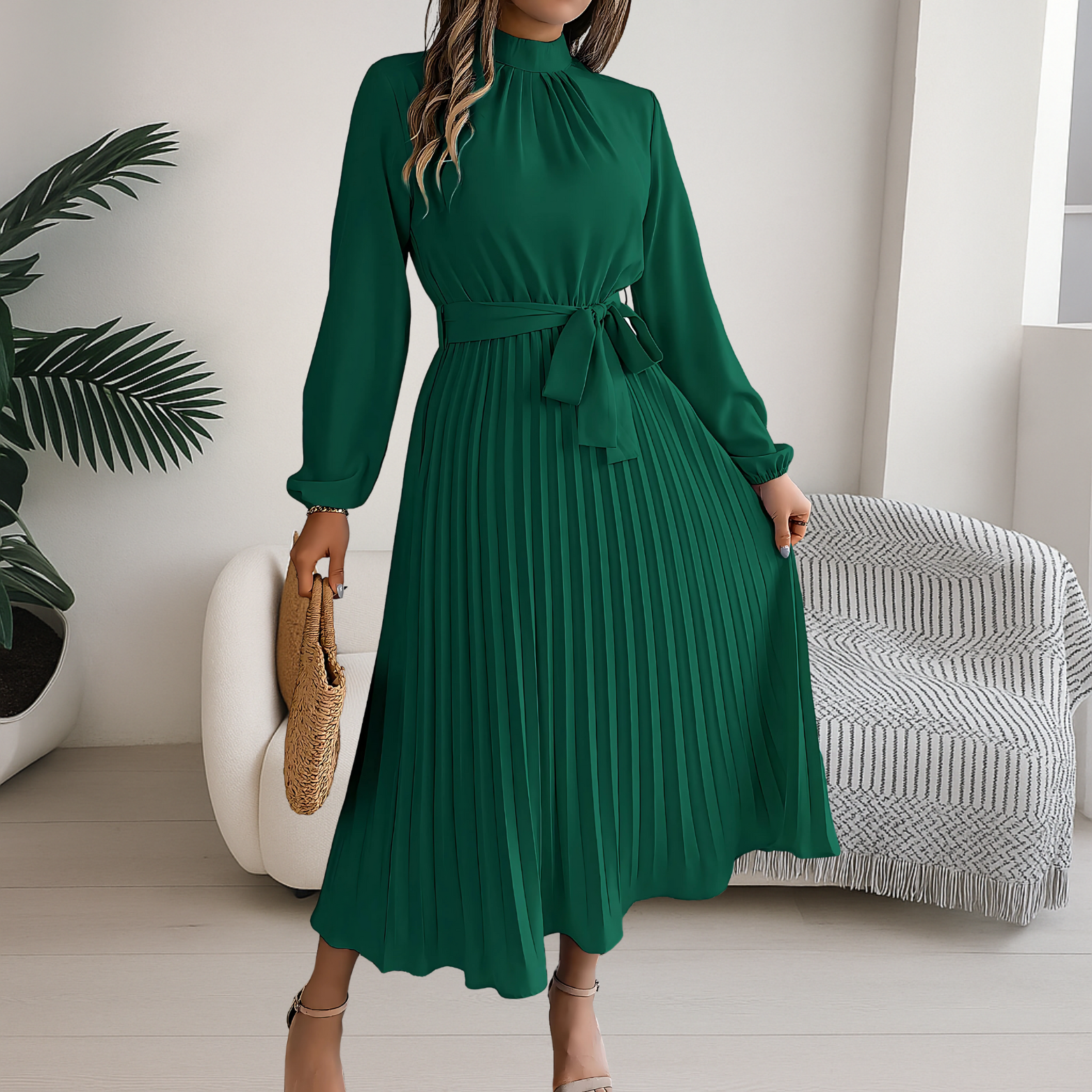 High Neck Long Sleeve Pleated Midi Dress with Waist Tie
