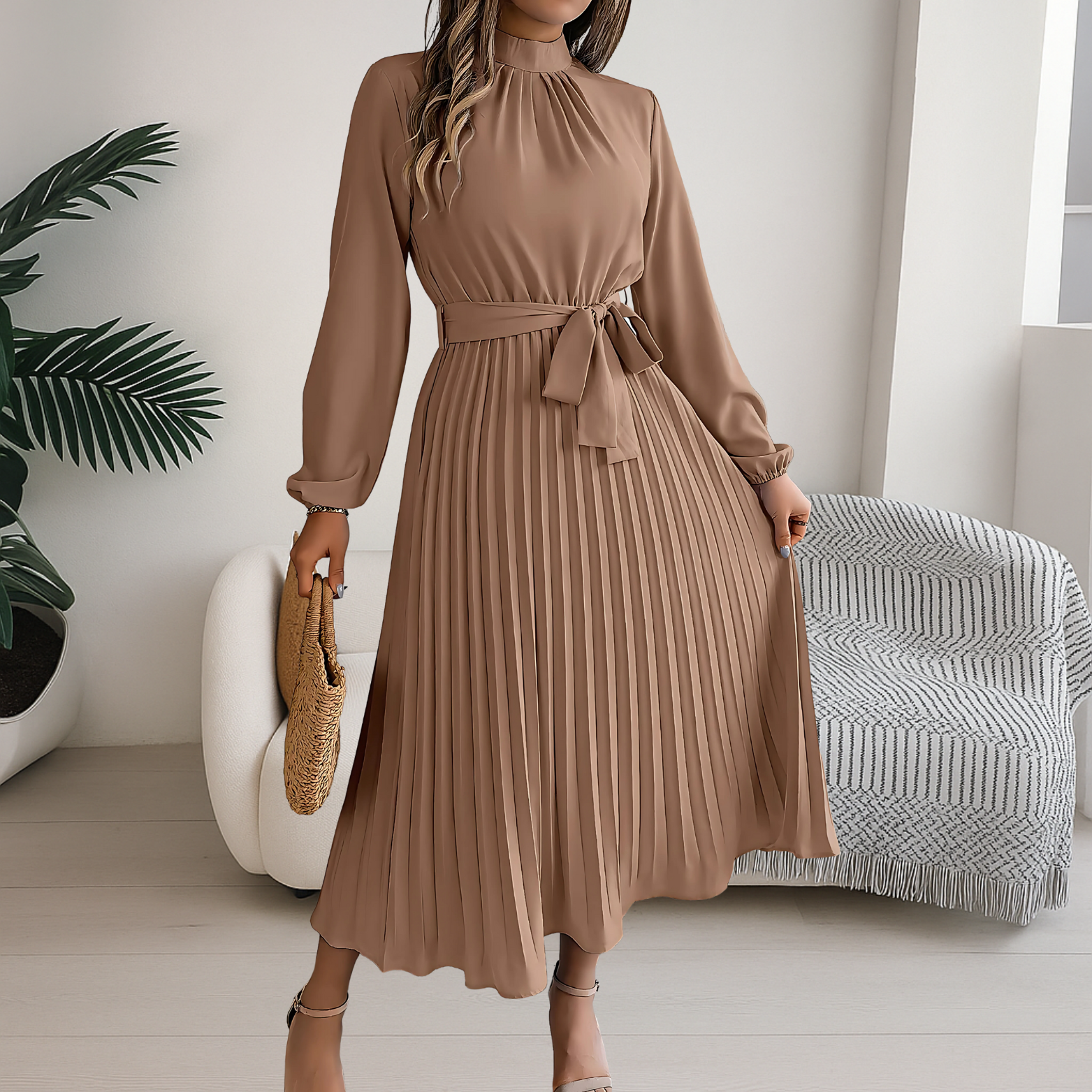 High Neck Long Sleeve Pleated Midi Dress with Waist Tie