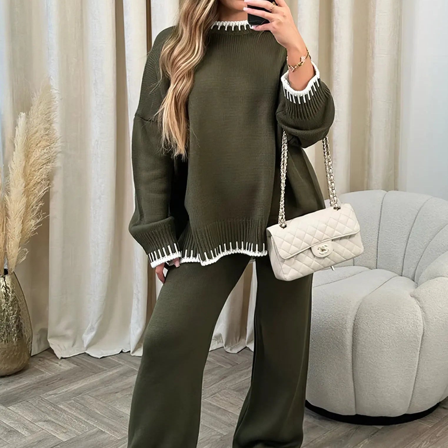 Contrast Trim Knit Set with Oversized Sweater and Wide Leg Pants