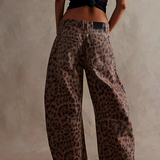 Leopard Print Wide Leg Denim Jeans with Relaxed Fit