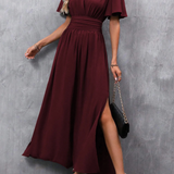 V Neck Flutter Sleeve Maxi Dress with Defined Waist