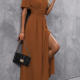 V Neck Flutter Sleeve Maxi Dress with Defined Waist