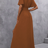 V Neck Flutter Sleeve Maxi Dress with Defined Waist