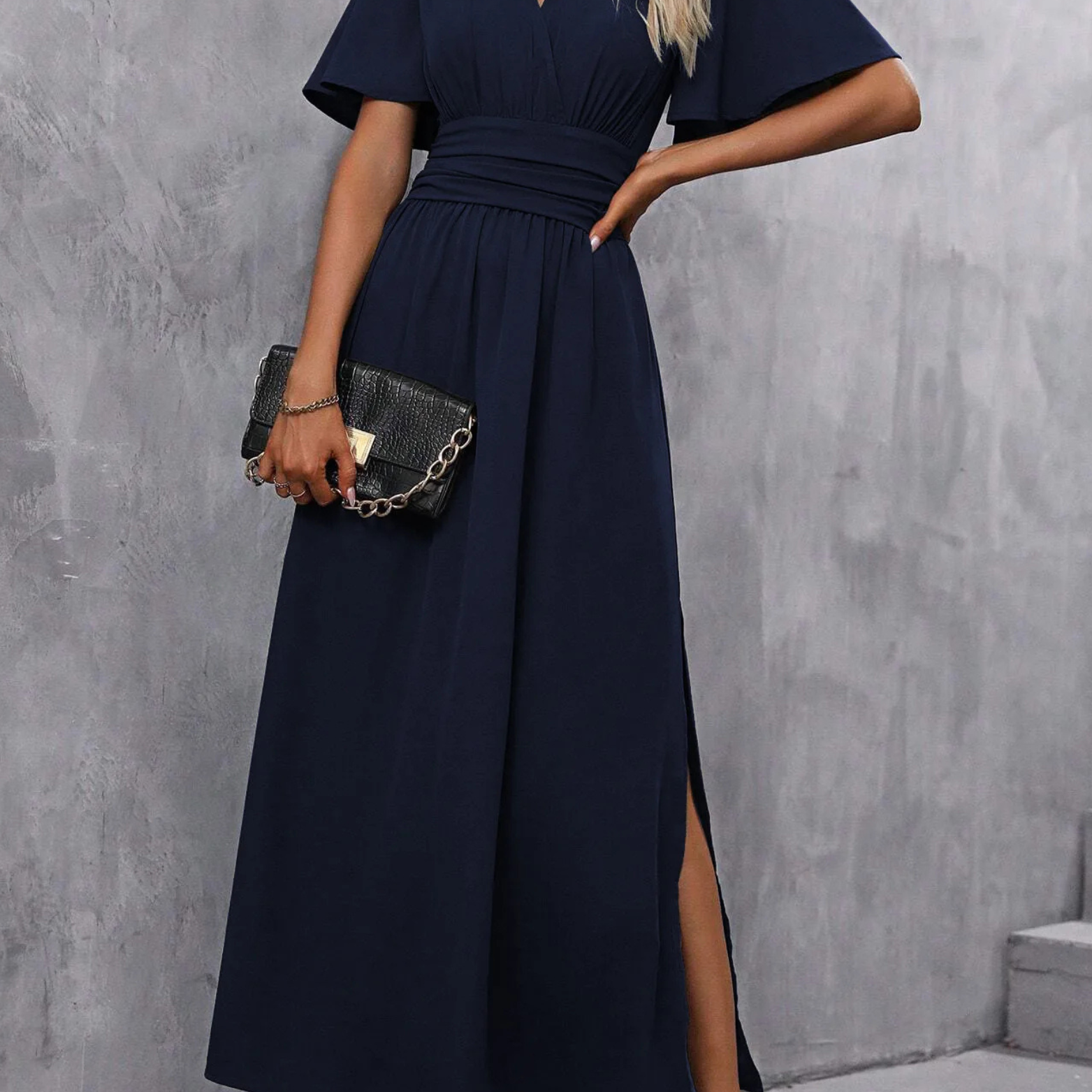 V Neck Flutter Sleeve Maxi Dress with Defined Waist