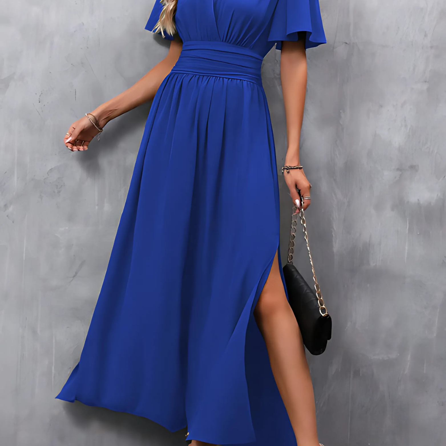 V Neck Flutter Sleeve Maxi Dress with Defined Waist