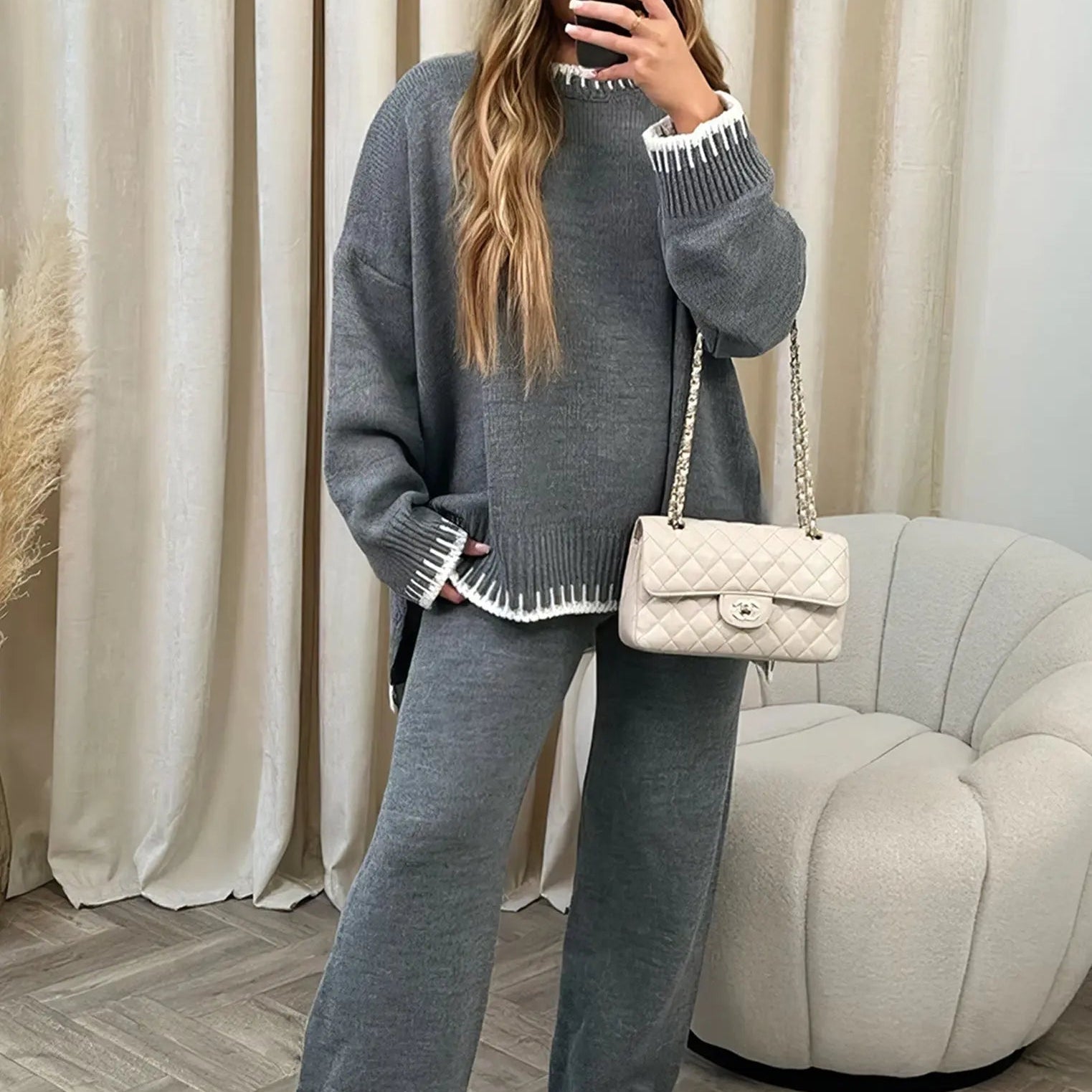 Contrast Trim Knit Set with Oversized Sweater and Wide Leg Pants