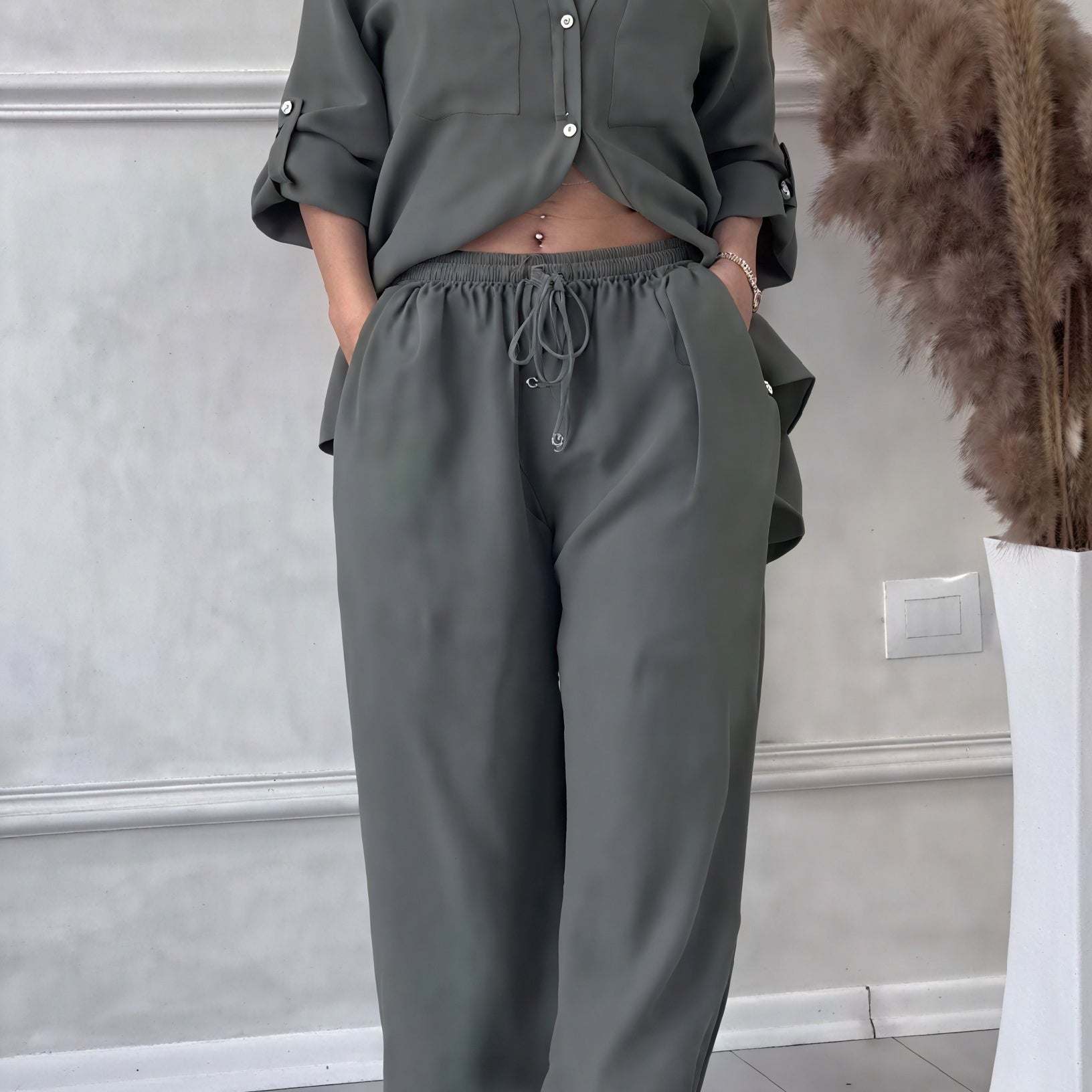 Relaxed Button Down Shirt and Wide Leg Pants Set