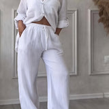 Relaxed Button Down Shirt and Wide Leg Pants Set
