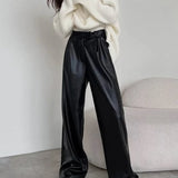 High Waist Wide Leg Faux Leather Pants with Belt
