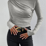 Asymmetrical Ruched Long Sleeve Fitted Top