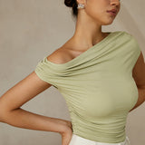 One Shoulder Ruched Fitted Top with Asymmetrical Neckline
