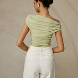 One Shoulder Ruched Fitted Top with Asymmetrical Neckline