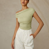One Shoulder Ruched Fitted Top with Asymmetrical Neckline