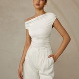One Shoulder Ruched Fitted Top with Asymmetrical Neckline