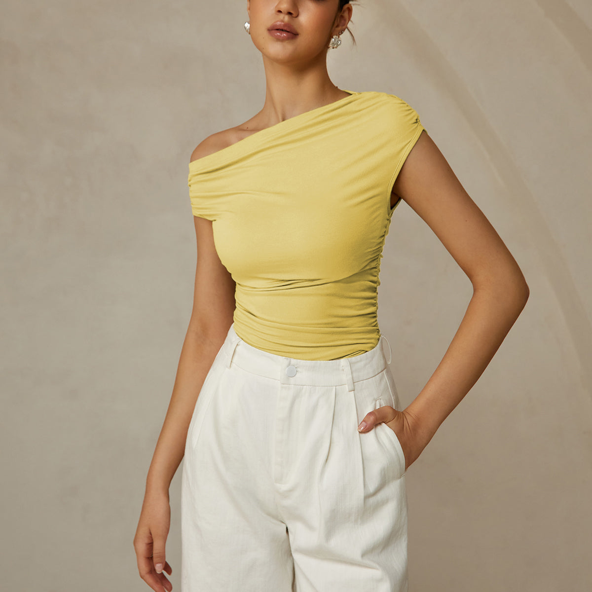 One Shoulder Ruched Fitted Top with Asymmetrical Neckline