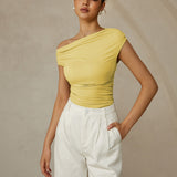 One Shoulder Ruched Fitted Top with Asymmetrical Neckline