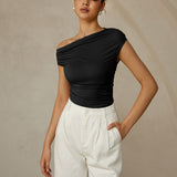 One Shoulder Ruched Fitted Top with Asymmetrical Neckline