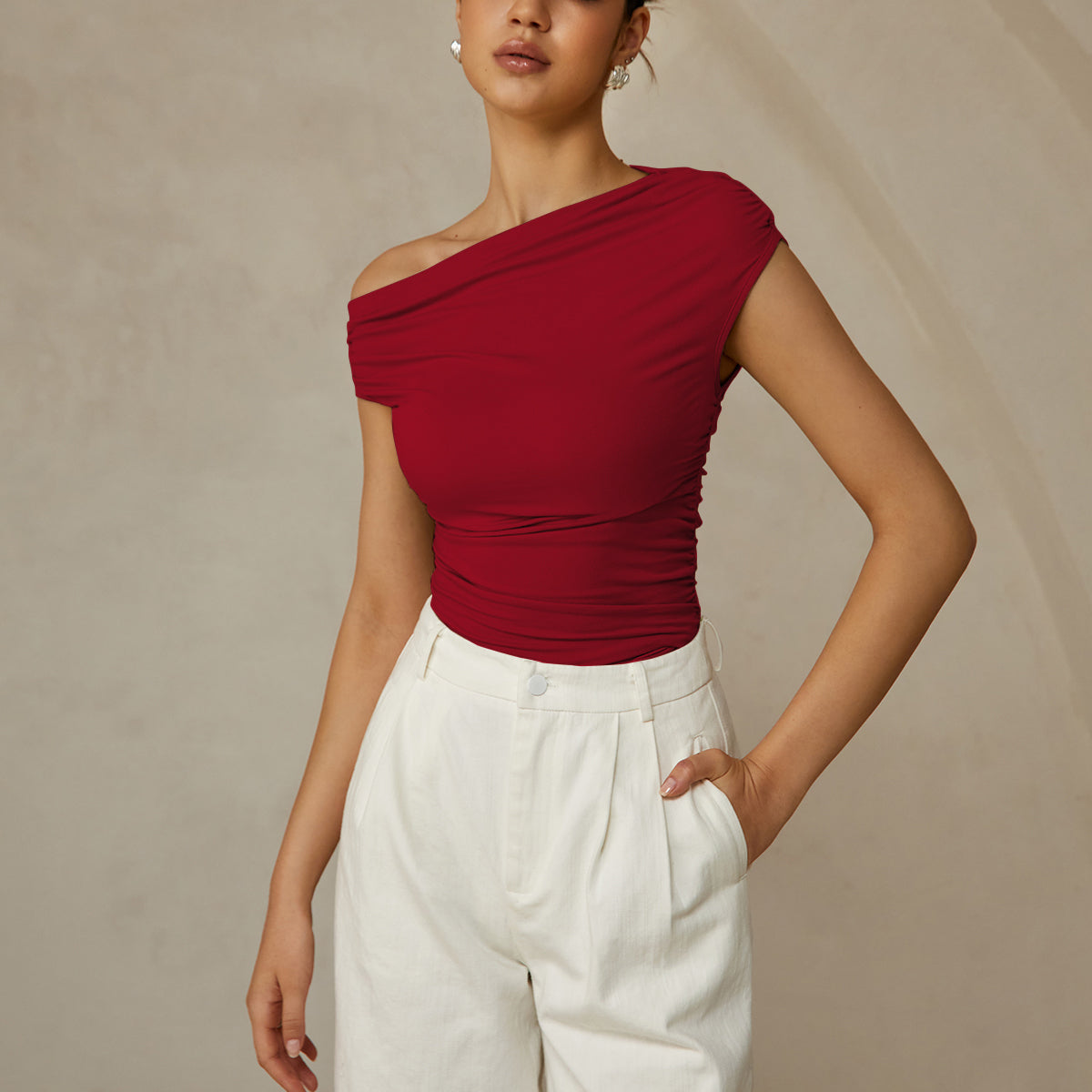 One Shoulder Ruched Fitted Top with Asymmetrical Neckline