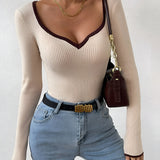 Ribbed Long Sleeve Top with Contrast Trim V Neck