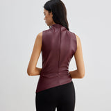 Sleeveless Draped Faux Leather Top with High Neck