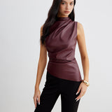 Sleeveless Draped Faux Leather Top with High Neck