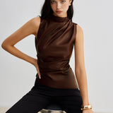 Sleeveless Draped Faux Leather Top with High Neck