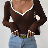 Ribbed Long Sleeve Top with Contrast Trim V Neck