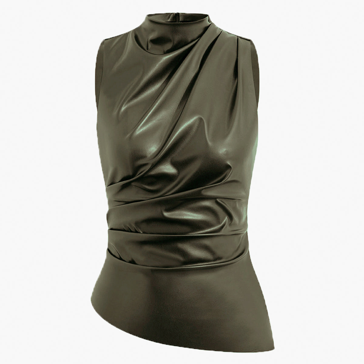 Sleeveless Draped Faux Leather Top with High Neck