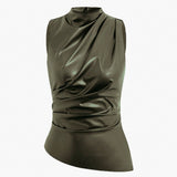 Sleeveless Draped Faux Leather Top with High Neck