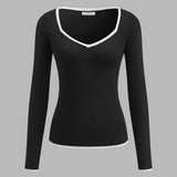 Ribbed Long Sleeve Top with Contrast Trim V Neck