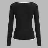 Ribbed Long Sleeve Top with Contrast Trim V Neck
