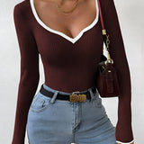Ribbed Long Sleeve Top with Contrast Trim V Neck
