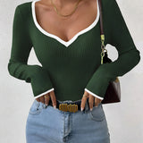 Ribbed Long Sleeve Top with Contrast Trim V Neck