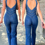 Deep V Neck Denim Jumpsuit with Flared Leg