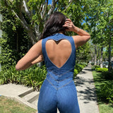 Deep V Neck Denim Jumpsuit with Flared Leg
