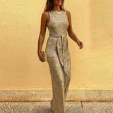 Sleeveless Sequin Wide Leg Jumpsuit with Waist Tie