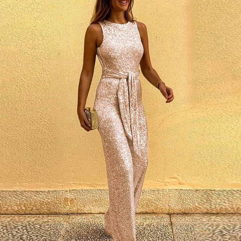 Sleeveless Sequin Wide Leg Jumpsuit with Waist Tie