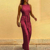 Sleeveless Sequin Wide Leg Jumpsuit with Waist Tie