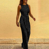 Sleeveless Sequin Wide Leg Jumpsuit with Waist Tie
