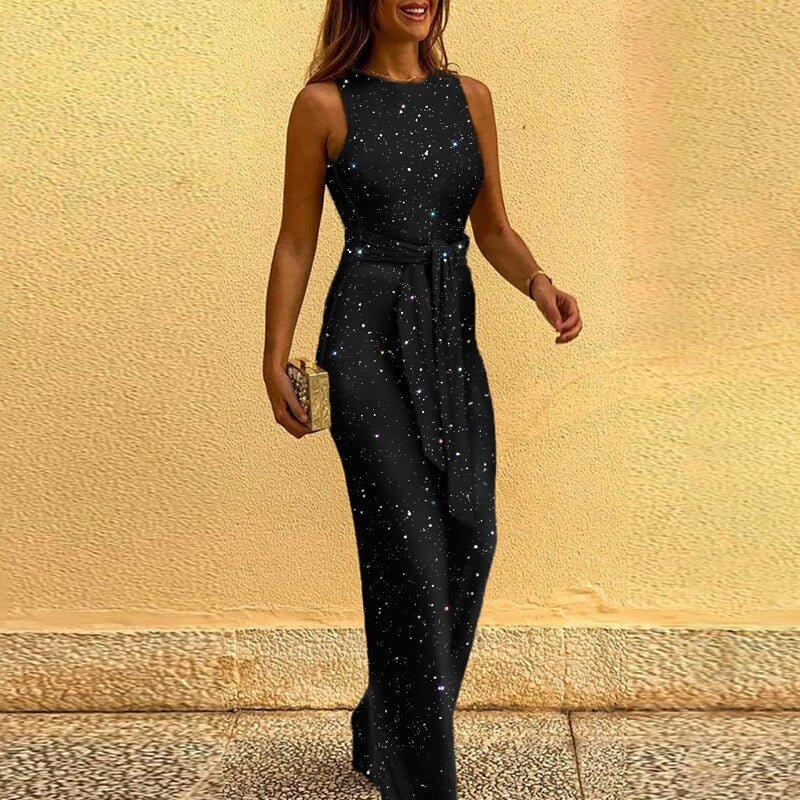 Sleeveless Sequin Wide Leg Jumpsuit with Waist Tie